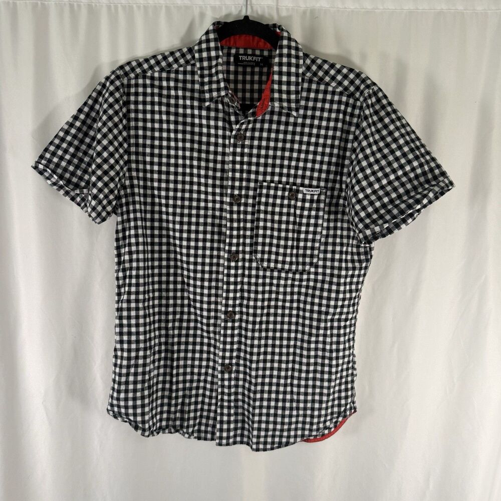 Trukfit Shirt Polo Men's Medium White Black Plaid Short Sleeve Button Up Cotton